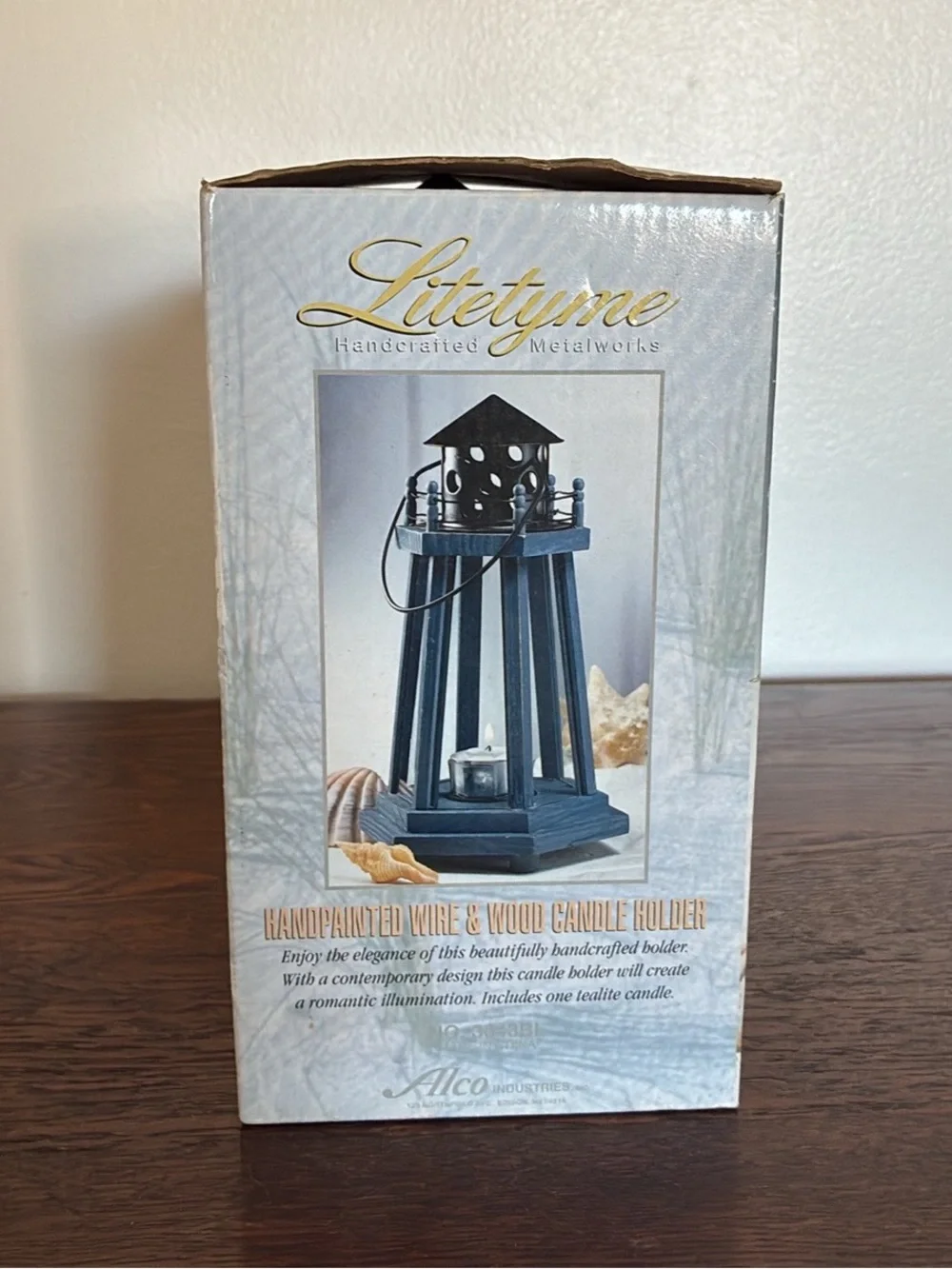BNIB- Hand Painted- Blue Wood & Wire Lighthouse Candle Holder